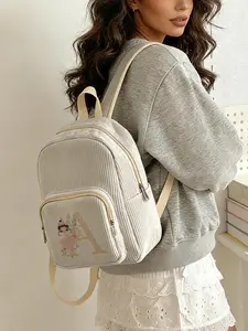 1 piece of character floral letter pattern 2D printed ladies' backpack, corduroy texture + layered storage + light weight reduction | perfect for students going to class/shopping/short trips | combining atmosphere and practicality