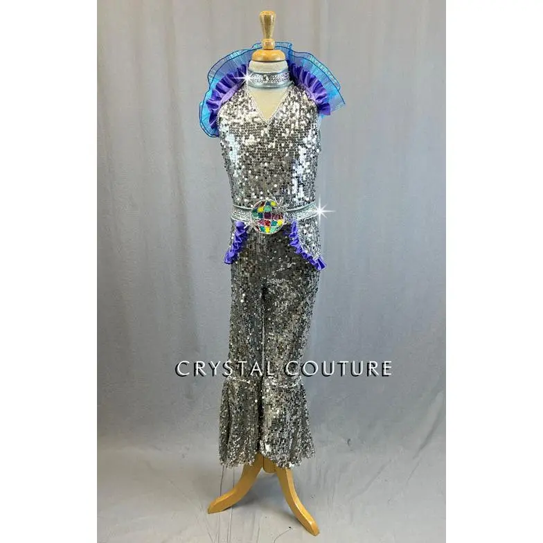 Silver Sequin Disco Unitard With Purple Ruffles