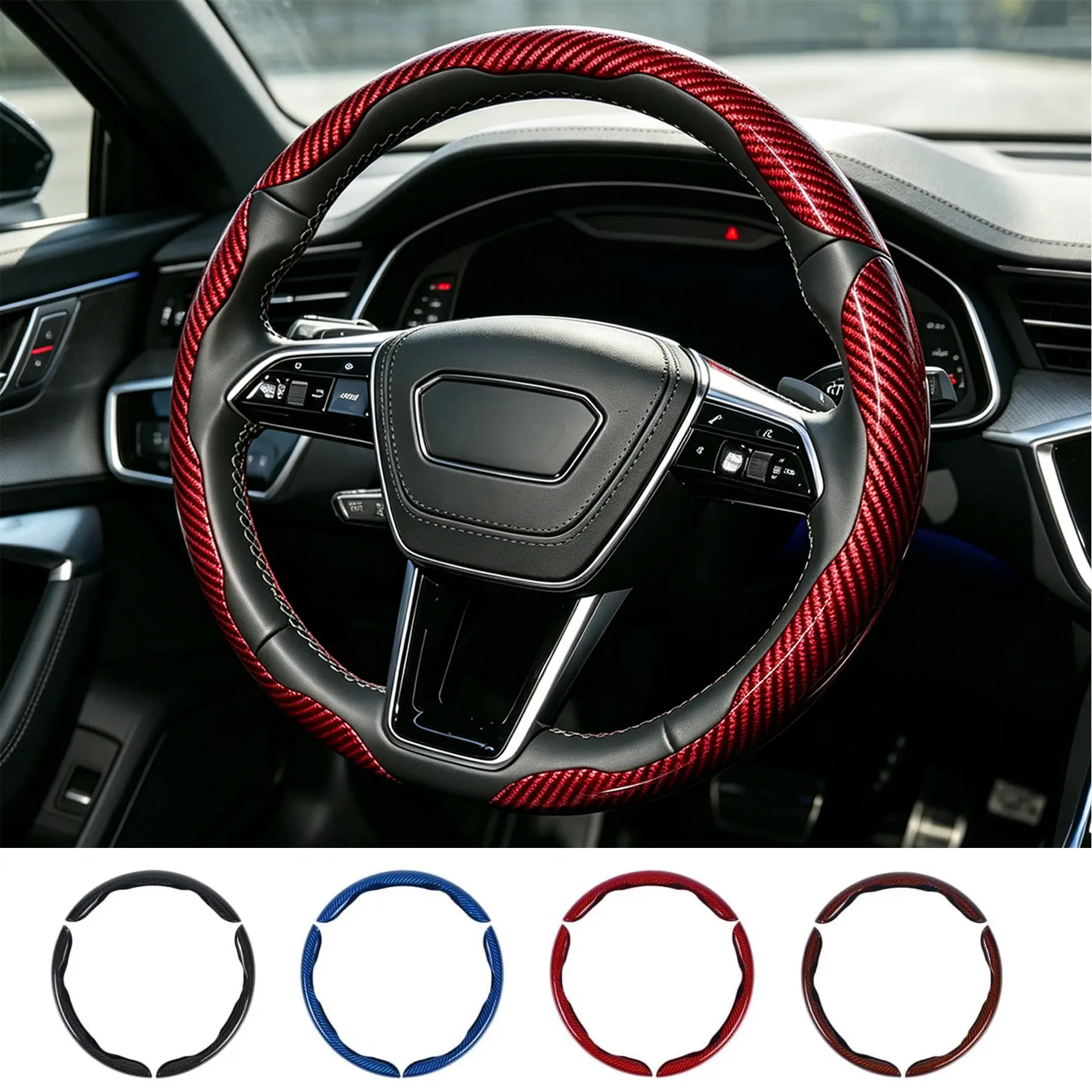Car Steering Wheel Cover Glossy Carbon Fiber 3-Piece Segmented, Universal 15 Inch Anti-Slip Breathable Scratch Resistant Snap-On Car Interior Accessory for Most Cars and SUVs