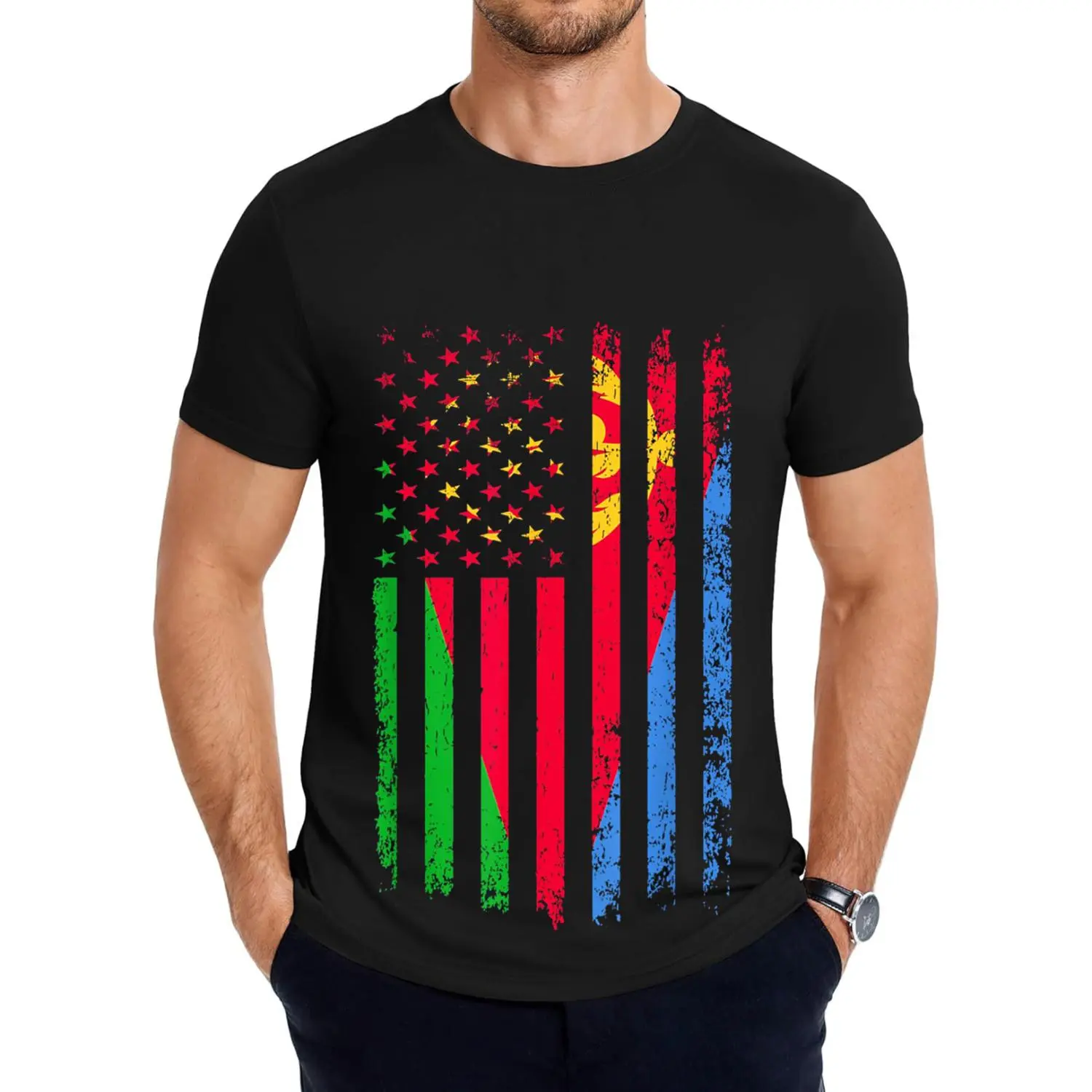 Men's Breathable Streetwear T-Shirt, Eritrean American Flag Graphic, Casual Crew Neck Shortsleeve Artwork Tee, Size M