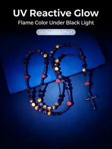 1PC Natural Stone Bead UV Flame Cross Pendant Necklace, Cross Necklaces, Beaded Necklace, Unisex Rosary Prayer Jewelry, 8mm Round Beads Sweater Chain Accessory