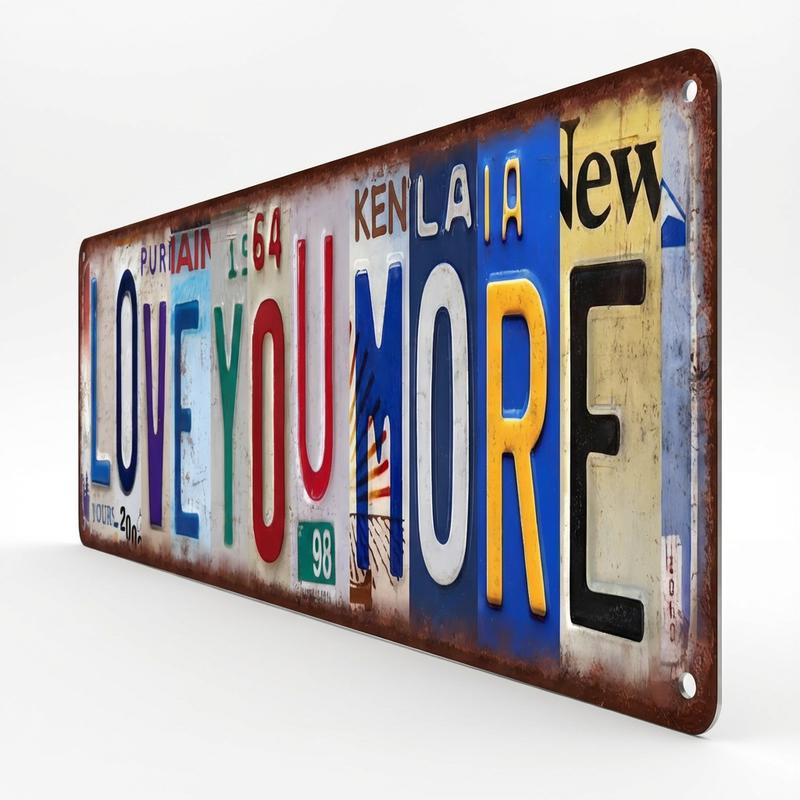 Love You More" & "Love You Bye" Rustic Metal Signs, Vintage License Plate Style Wall Art, Distressed Farmhouse Decor, Cute Family Quote Sign for Entryway & Bedroom