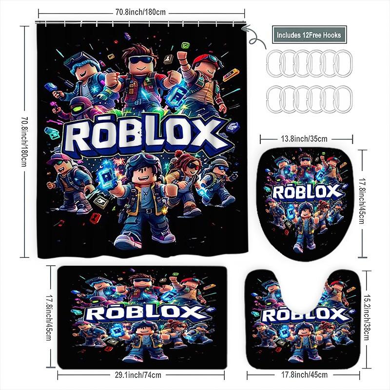 Roblox Game Theme Bathroom Four Piece Set, Character Print Shower Curtain, Player Exclusive Bath Mat, Toilet Pad, U-Shaped Pad, Elegant Bathroom Decor