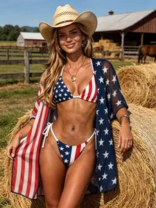 Women's 3 Piece Patriotic Bikini Set with Sheer Kimono Cover Up American Flag Stars and Stripes Triangle Swimsuit Patriotic Bathing Suit