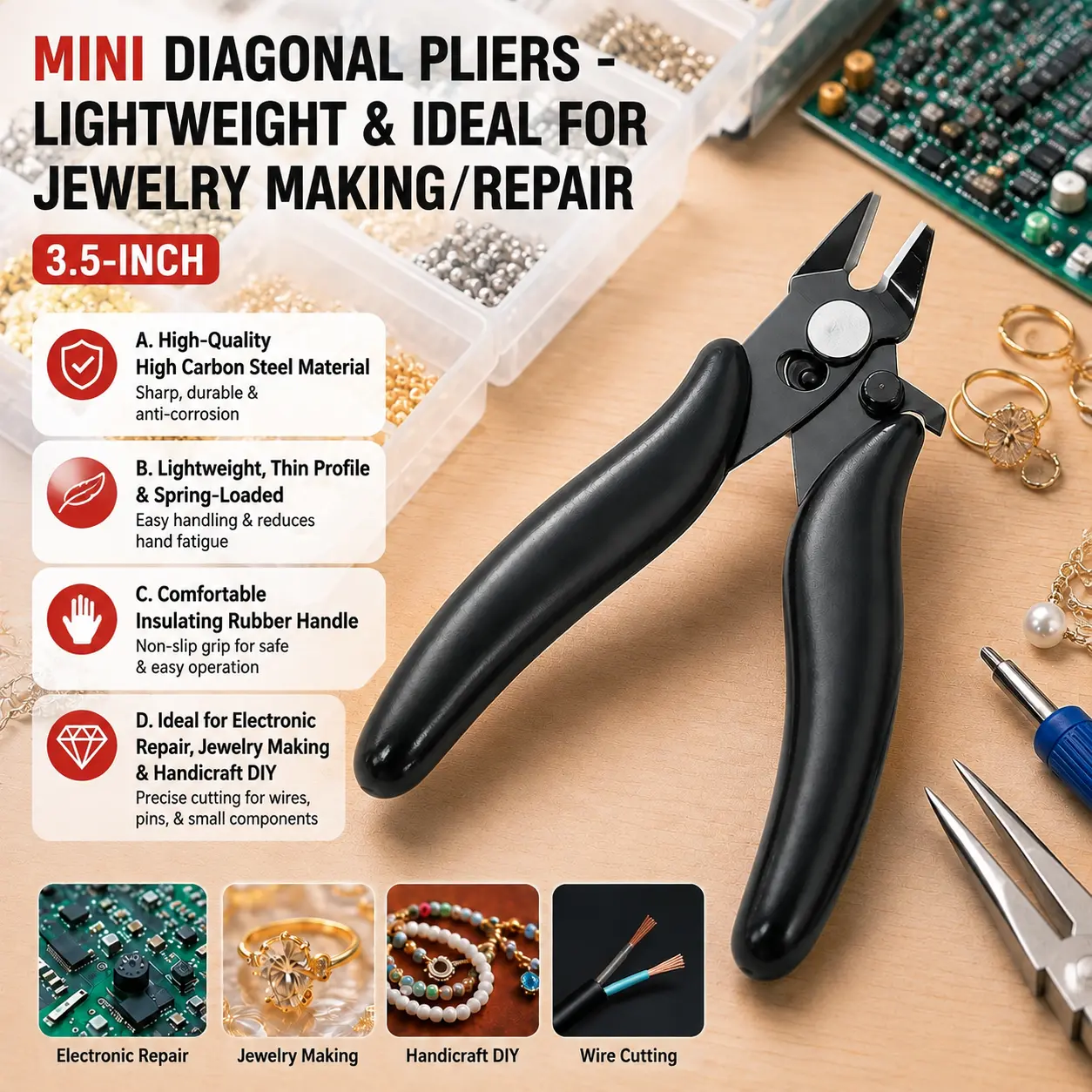 Mini Wire Cutter Pliers 3.5 Inch, Precision Flush Cutting Snips with Spring Loaded Handle, Small Side Cutting Tool for Jewelry Making, DIY Crafts, Electronics Repair & Home Projects