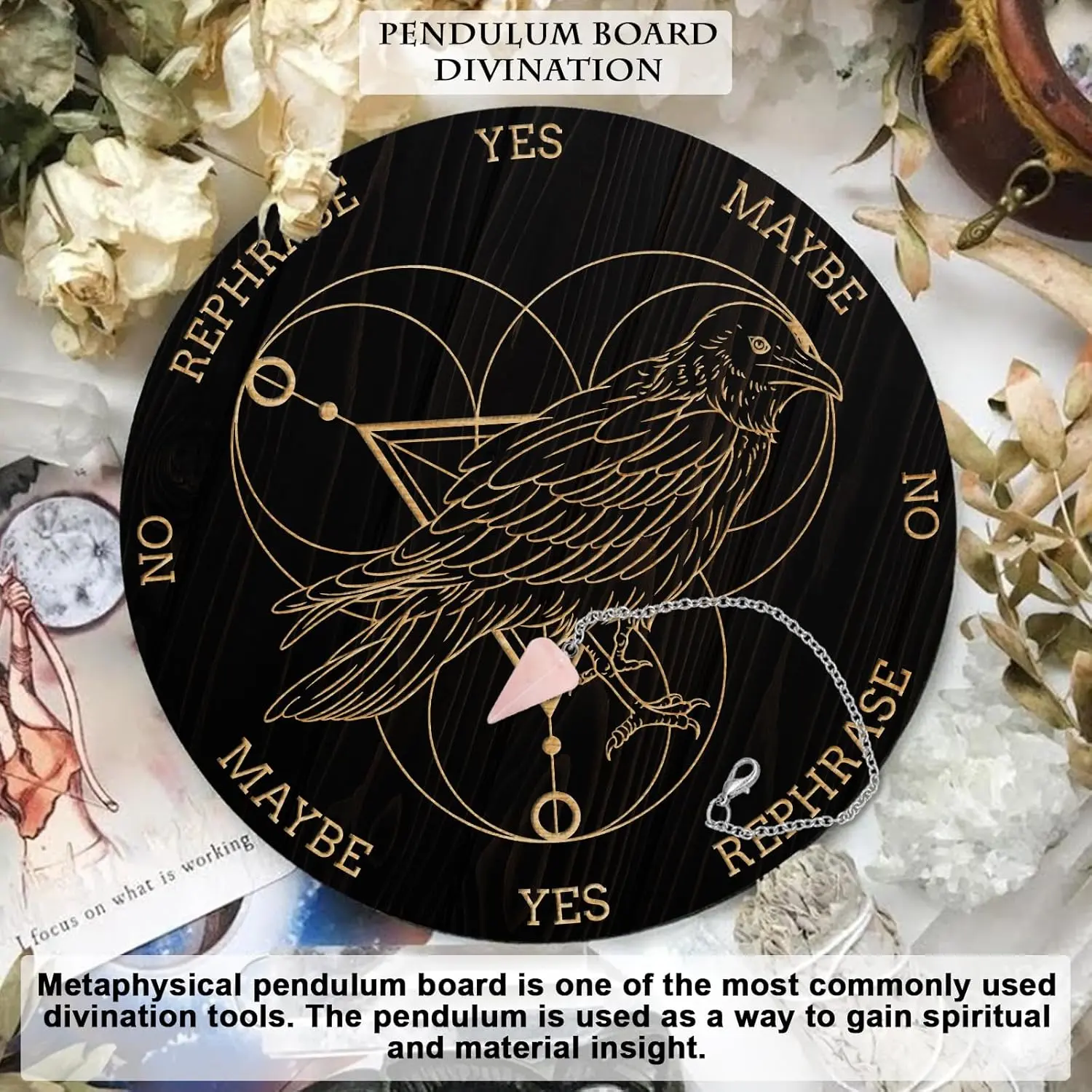 Wooden swing board divination board 3-piece set, with conical pendulum crystal pendant, base ornament, spirit pendulum decoration display stand, witchcraft divination tool, home decoration, Feng Shui Ornaments, Decoration Items