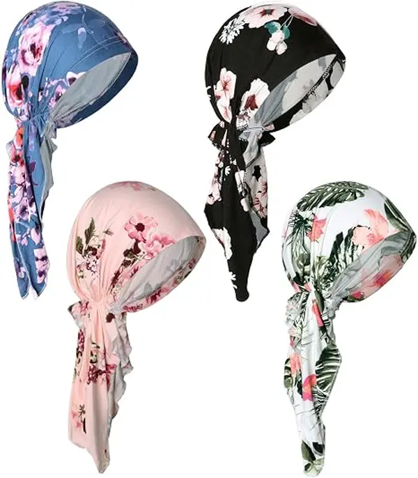 4Pcs Pre-Tied Soft Cotton Chemo Turbans - Sports & Outdoor Hats for Cancer Patients with Alopecia, Breast Cancer Gift Headwear for Hair Loss