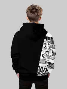 Boys' Patchwork Gamer Print, Trendy Style, Game Theme Scene Design, Comfortable Fit for Kids, Aesthetic Hoodie