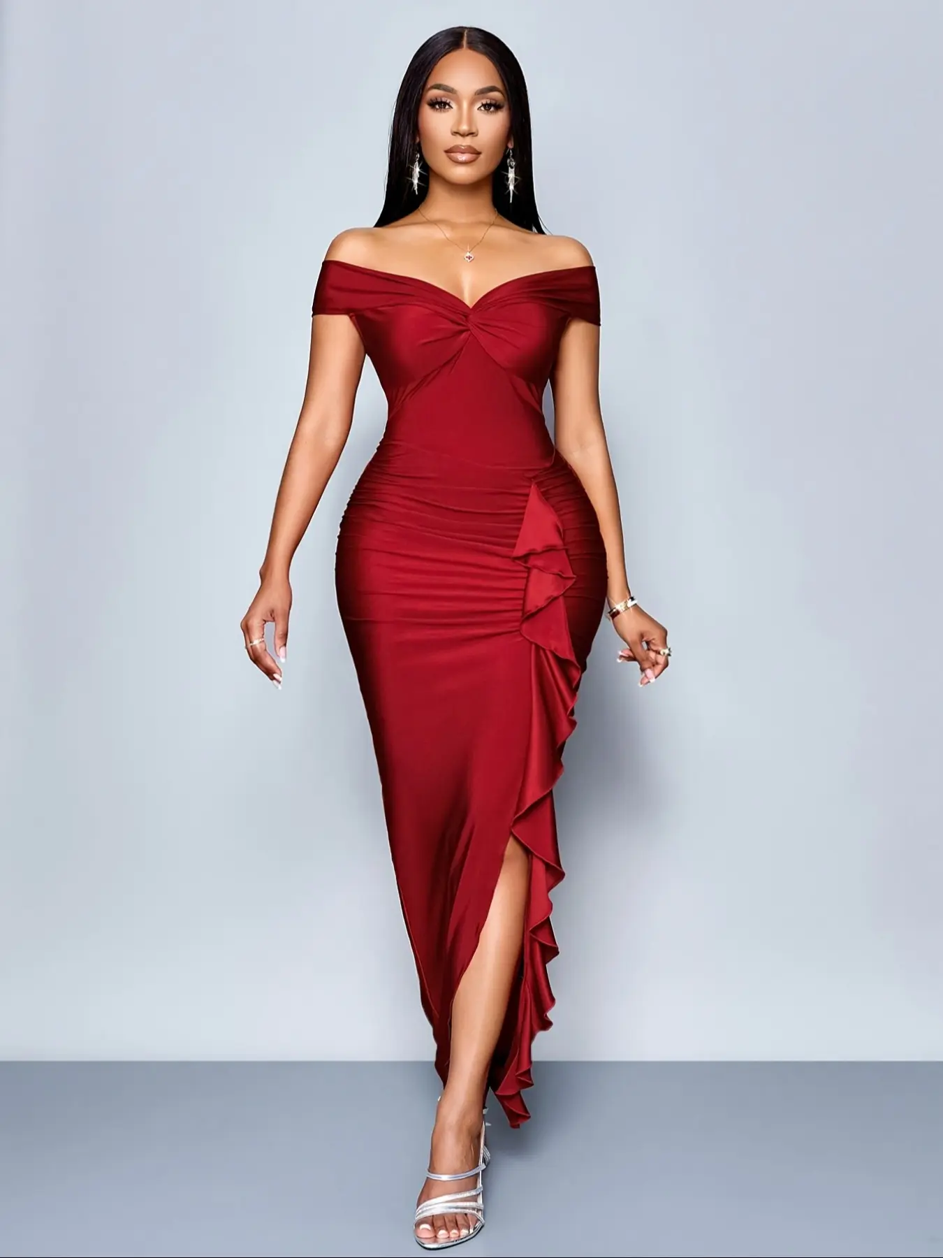 Ladies' formal evening dress, sexy and spicy, Chic, Ruched, with pleated  details and high slit, one