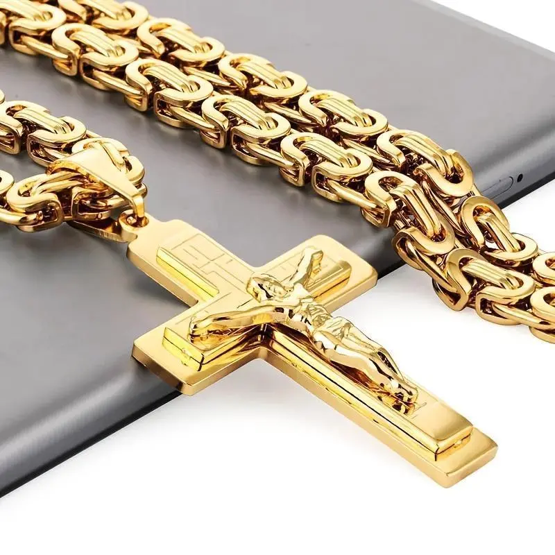 Men's Stainless Steel Triple Cross Pendant Necklace with U-Shaped Flat Link Chain - Golden-Tone Religious Jewelry for Casual & Formal Wear Men's Stainless Steel Triple Cross Pendant Necklace with U-Shaped Flat Link Chain - Golden-Tone Religious Jewelry for Casual & Formal Wear