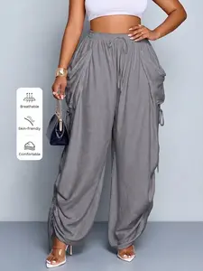 Women's High Waisted Pants - Lady's Comfy Wide Leg Baggy Linen Pants, Loose-Fitting Long Trousers with Adjustable Side Drawstring, All-Season Woven Basic Women's Plus Size Clothing for Everyday Commute & Vacation