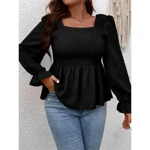 Peplum Shirt with Extra Dot Optical Sleeves, Stylish Women's Top for Office or Casual Use, Fitted Woven Fabric, Moderate Thickness, Spring & Fall Season