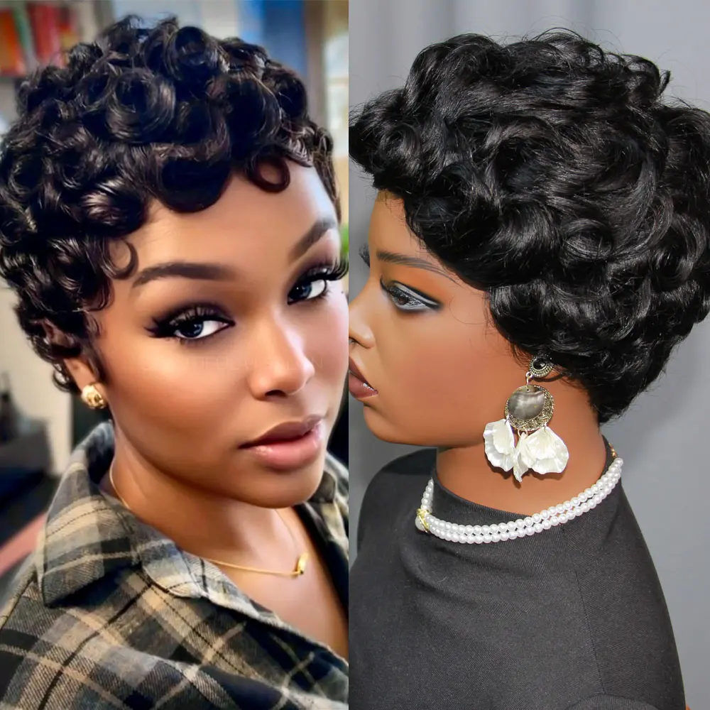 Water Wave Wigs Human Hair Wigs Pixie Cut Wigs 100% Human Hair Beginner Friendly Wig You Can Install in Minutes Full Machine Made Wigs 180% Density Fluffy Natural Curls