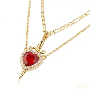 14K Gold Plated Heart Pendant Necklace for Women & Men Zirconia Dagger Cross Layer Necklace Matching Jewelry for Couples