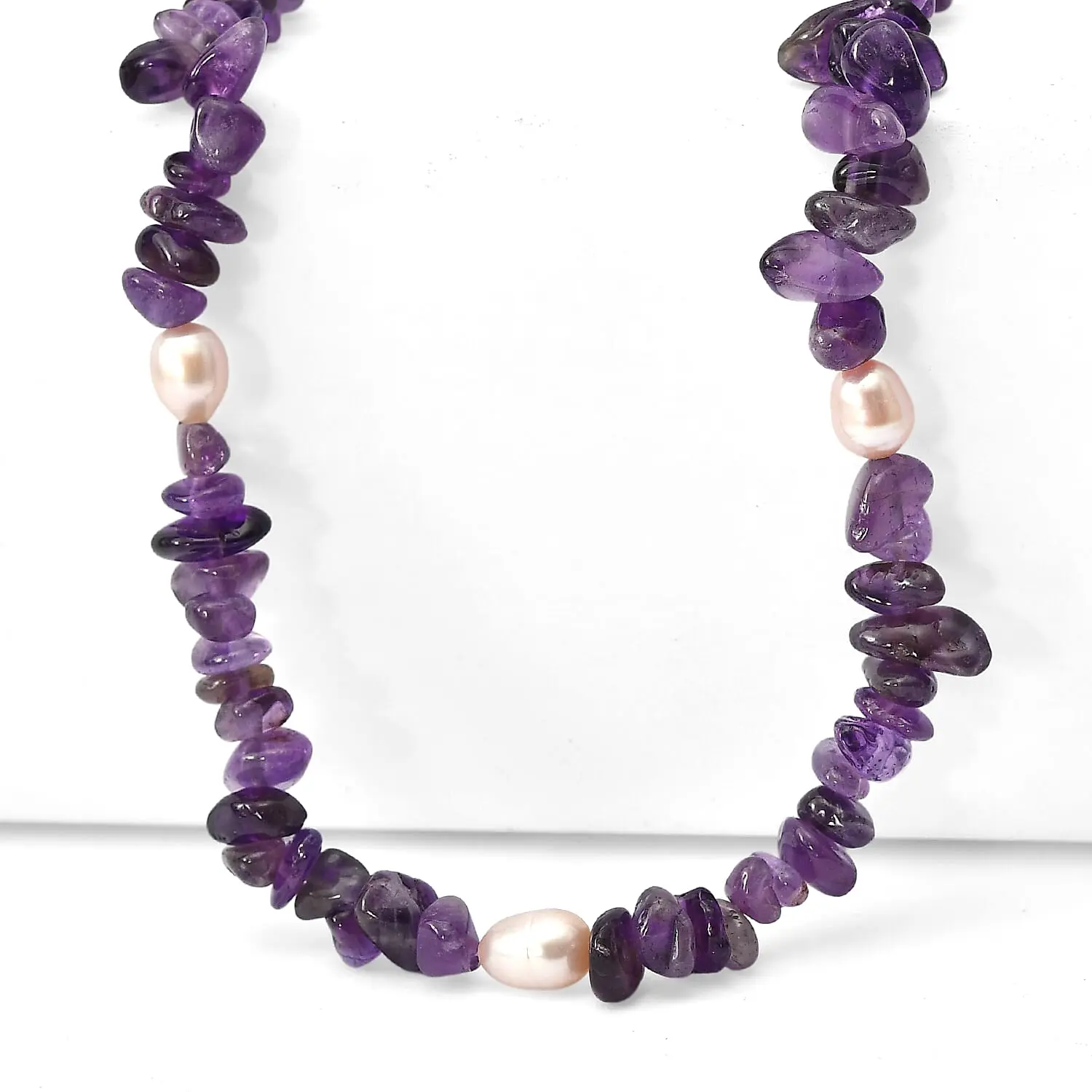 EverTrue African Amethyst Chips and Pearl Necklace (22-24 Inches) in Stainless Steel 205.00 ctw