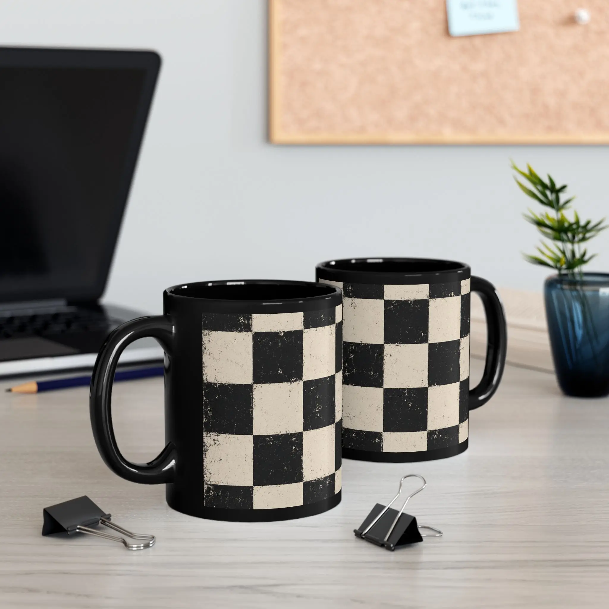 Distressed Black and Cream Checkerboard Mug | Black Mug