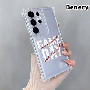 Phone Case for Samsung Galaxy S25 S24 S23 Plus FE S22 Ultra Baseball - themed Name Stitch - inspired Word Cracked Game Day Pattern Anti-drop Durable Total Protective Anti-Yellowing Shockproof Transparent Cover Casing