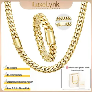 【Set】14K gold-plated Cuban Necklace Bracelet Set | The latest electroplating gold-plating process for rust prevention| Miami hip-hop style fashion items| The best gift for men and women| Couples' style| 6mm/8mm/10mm/12mm/14mm.Valentine's Day gift