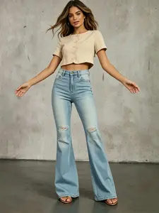 Women's Ripped Mid-Rise Flare Jeans - Womenswear Classic Retro Denim Bell Bottoms with Ripped Holes, High-Waisted Long Wide-Leg Pants