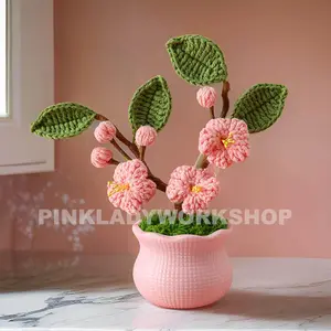 Handmade Finished Crochet Sakura Flower Pot | Home Summer Decor | Cherry Blossoms | Japanese Floral Decoration | Gift Girl Friend Birthday Decorative Fruit