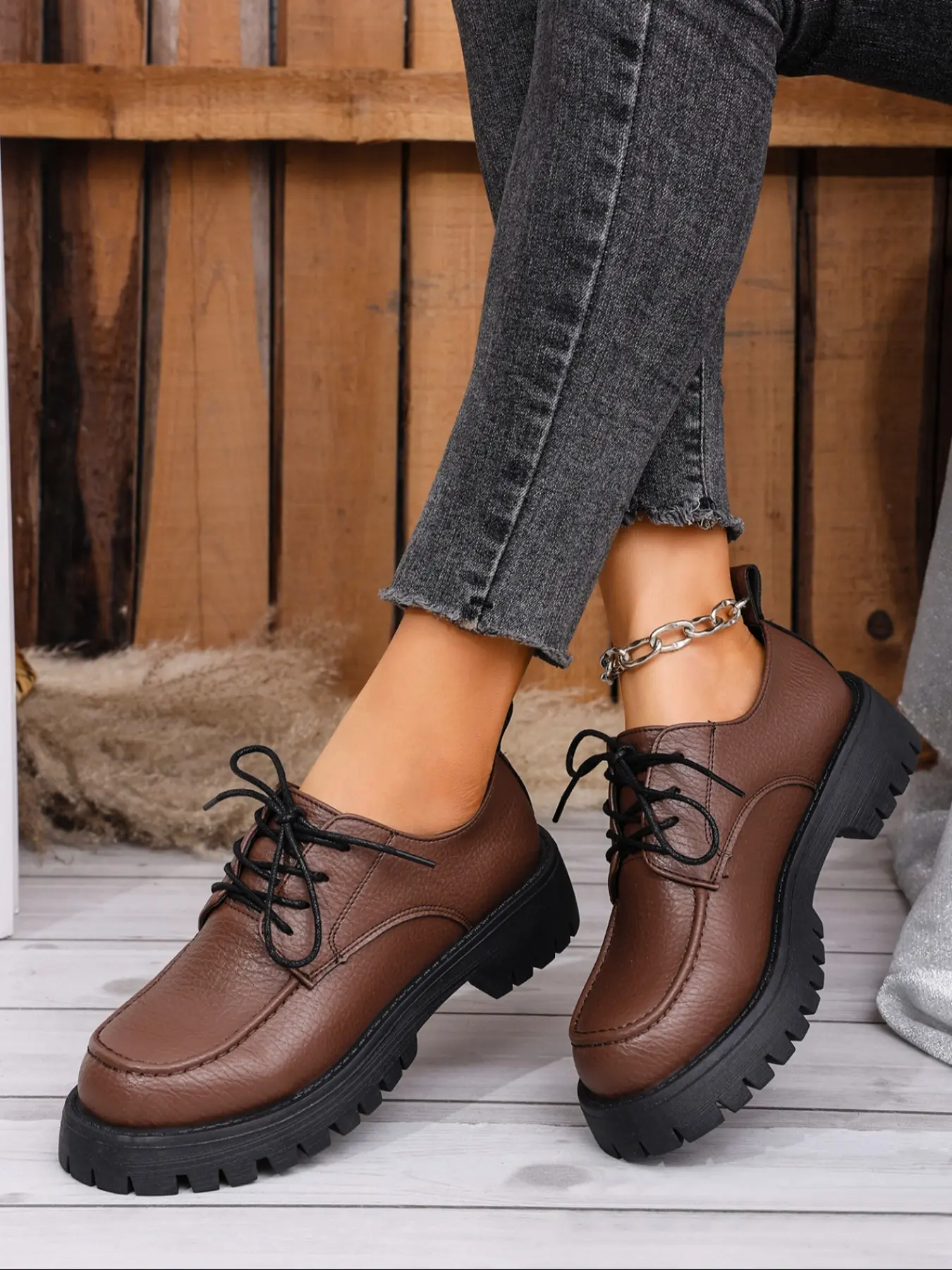 Women's Round Toe Thick Sole Lace-Up Single Shoe, Comfortable Leather Material, Suitable for Multiple Occasions, Stylish & Versatile Design, Round Toe Oxford