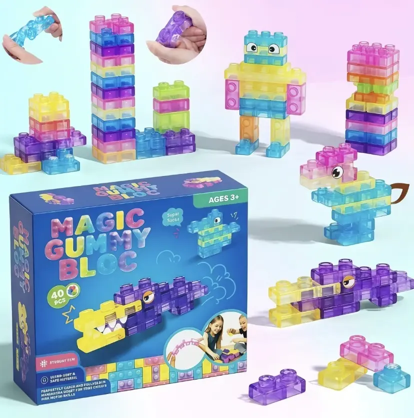 Soft Silicone Building Blocks, 40PCS Flexible Sensory Stacking Blocks, BPA Free Safe Squeeze Toys for Toddlers 3+, Stress Relief Fidget Blocks, Educational STEM Construction Toys for Kids Boys Girls