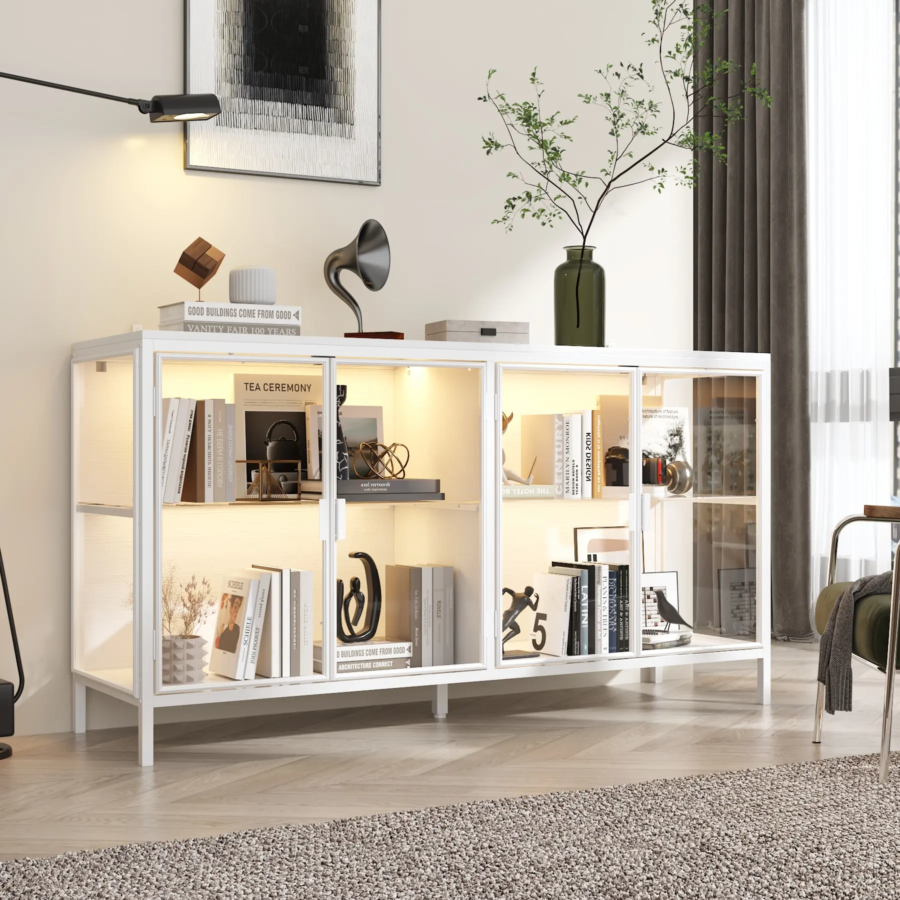 FUFU&GAGA Sturdy Modern Sideboard Buffet - Tempered Glass Doors, Built-in LED Light Strip, Collectibles Display Cabinet with Shelves, White Credenza with Metal Legs, for Living Room Kitchen, 55.1”W x 15.7”D x 29.5”H, Built-In Lights Glass Cabinets