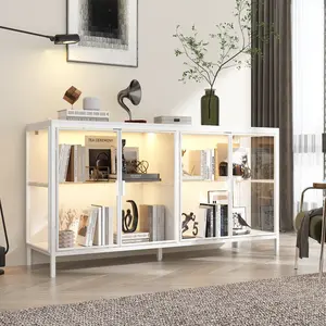 FUFU&GAGA Sideboard Buffet with LED Lights, Glass Doors, Modern Display Cabinet with Glass Shelves, White Cupboard Credenza with Metal Leg, for Living Room Kitchen, 55.1”W x 15.7”D x 29.5”H