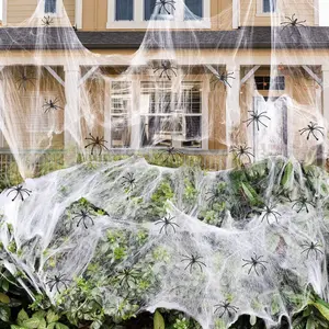 Halloween Spider Webs Decorations 1400 sqft White Super Stretch Cobwebs with 150 Fake Spiders for Indoor Outdoor Photo Set Spooky Ornaments