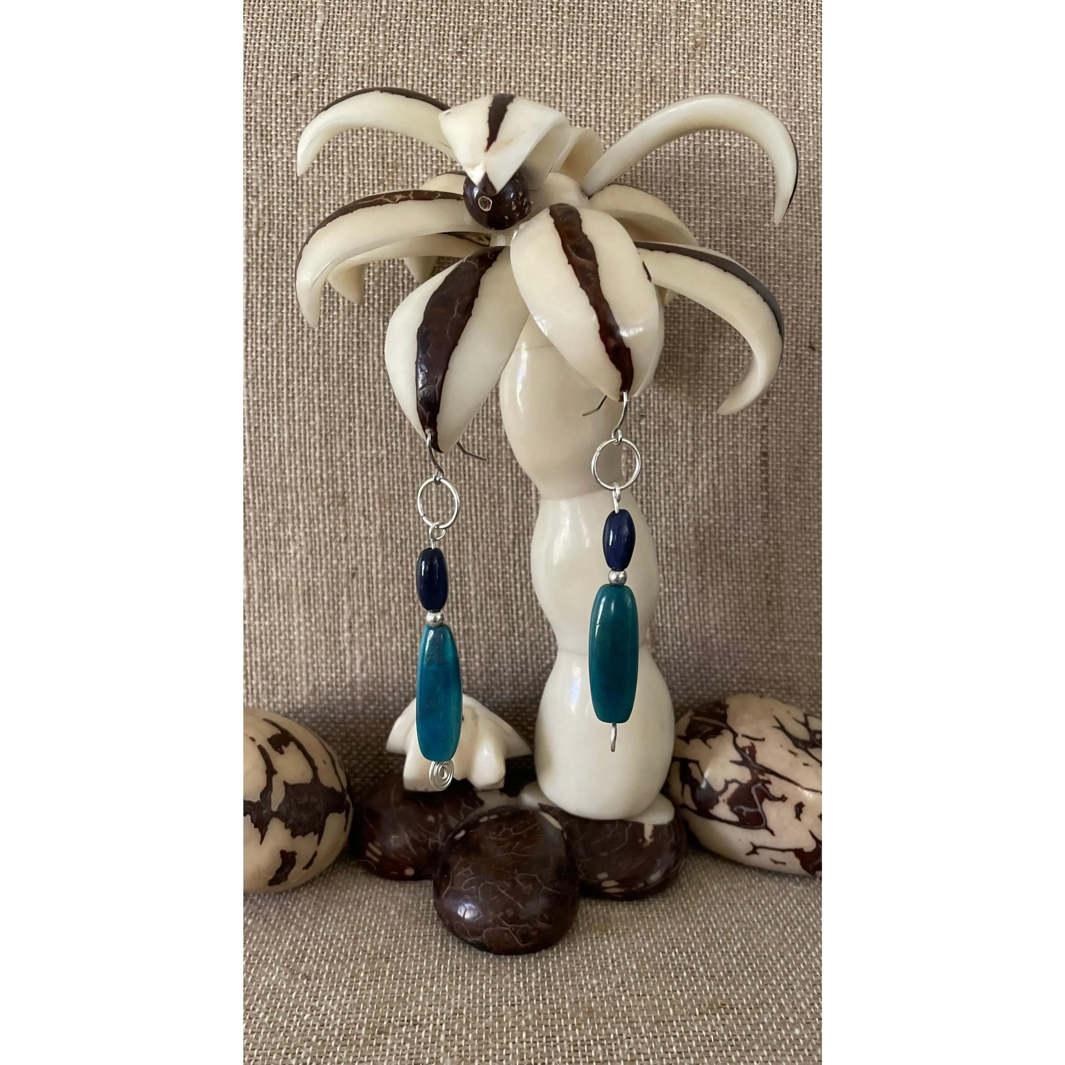 Turquoise and Blue Tagua Nut Earrings