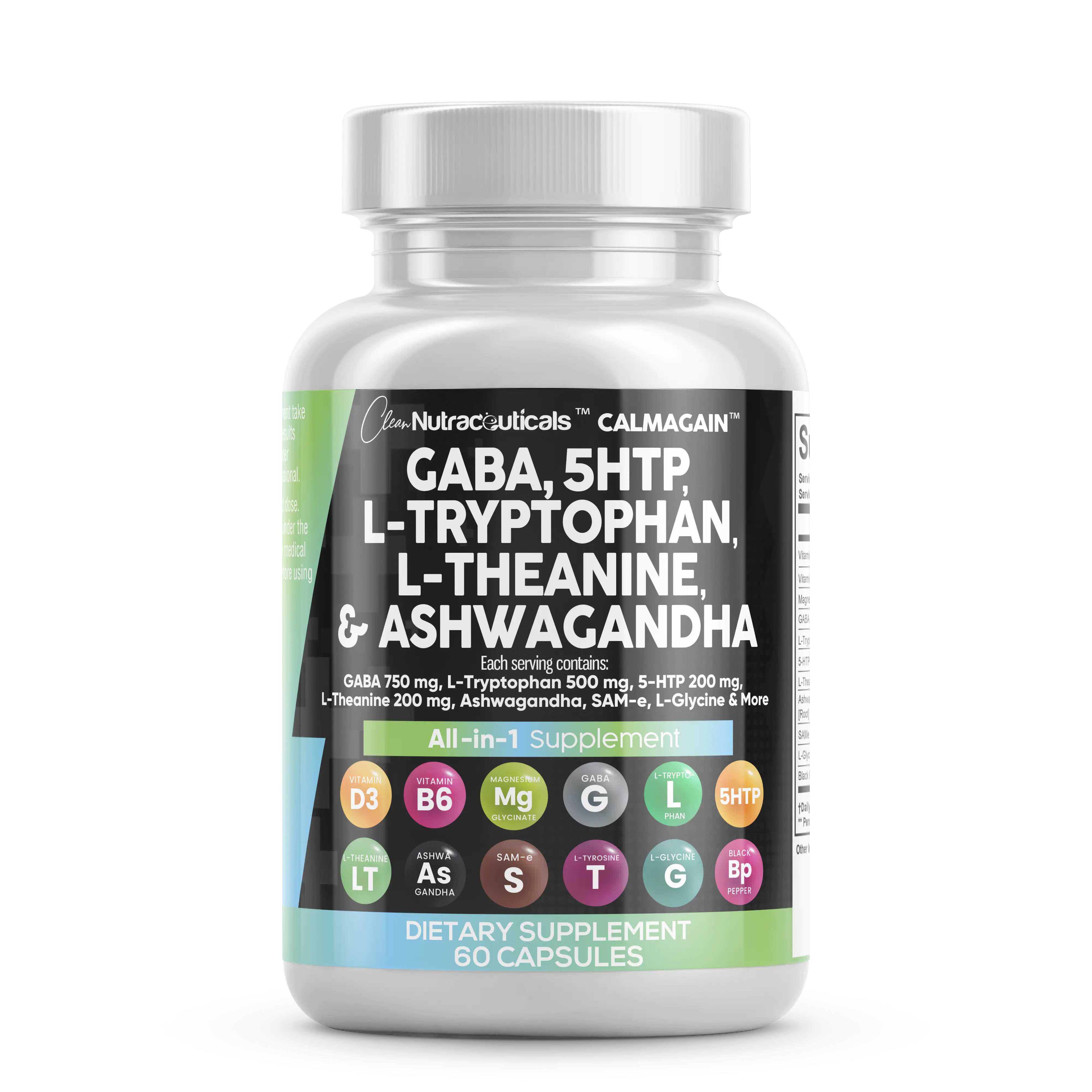 Clean Nutraceuticals GABA 750mg 5 HTP 200mg L Tryptophan 500mg L Theanine 200mg Ashwagandha 3000mg SAM-e L-Glycine - Mood Support Vitamins for Women