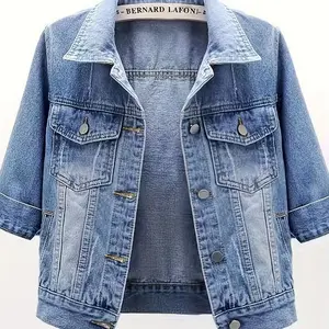 Women's 3/4 sleeve color cut denim truck jacket | Light wash denim short jacket with worn-out details | Autumn/Winter stretch 12 ounce denim | Women's 3/4 sleeve light wash denim jacket Can be used with raincoat