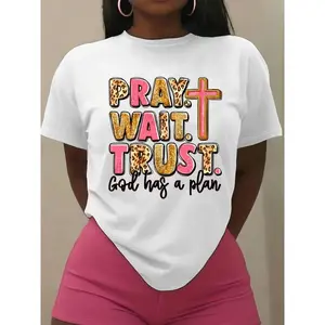 Women's "Pray. Wait. Trust. God Has a Plan" Inspirational T-Shirt | Casual Crew Neck Short Sleeve Christian Graphic Tee