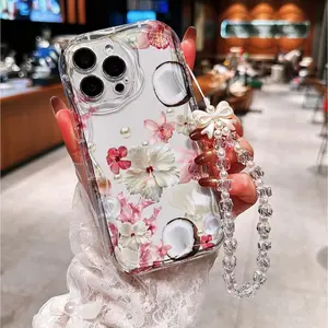 Floral Pearl Seashell Phone Case with Beaded Strap Shockproof Wear-resistant Precise Holes for iPhone11-17promax IPhone11/12/13/14/15/ Promax16/16Promax/16pro/16plus