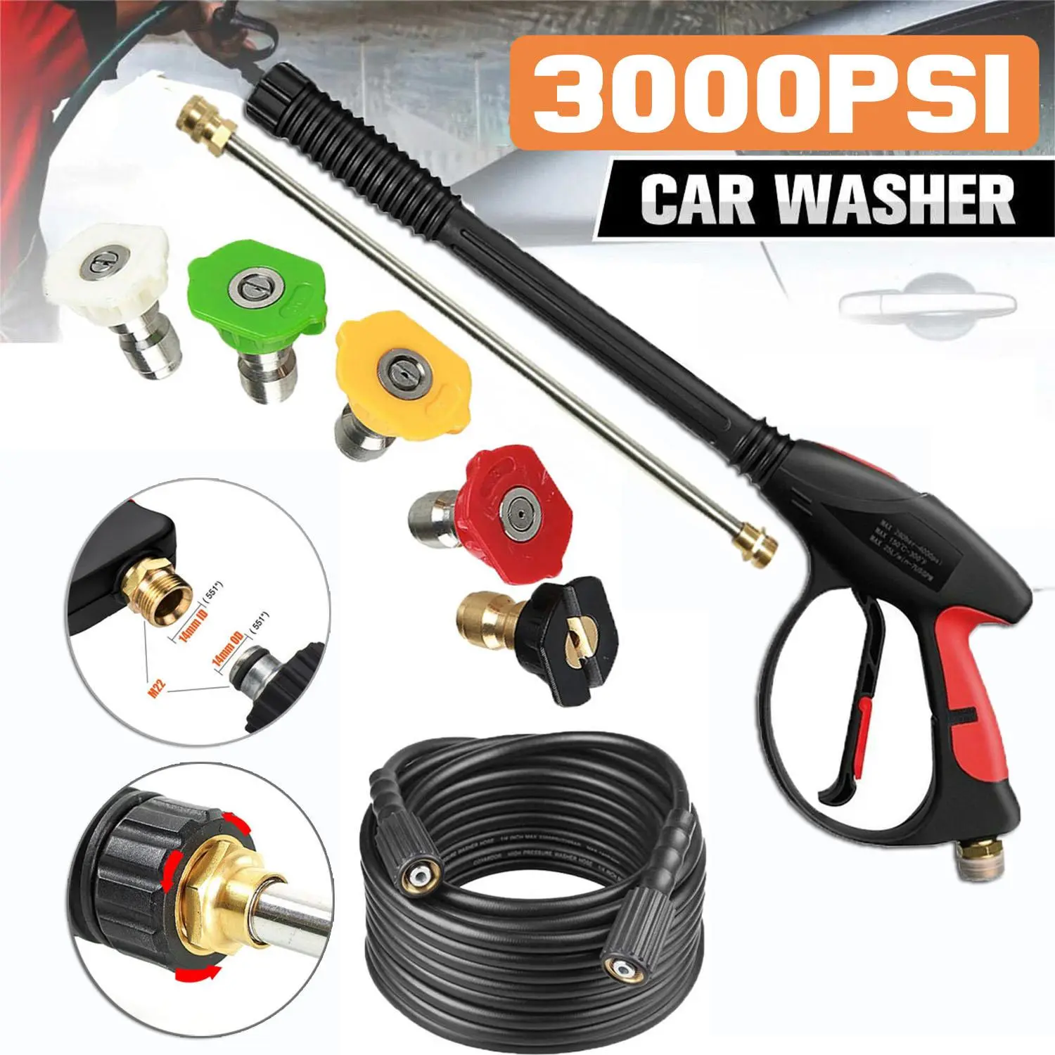 High Pressure Washer Gun Max 3000 PSI 5 Pressure Power Washer Nozzles and Washer Hose Replacement With M22-14MM