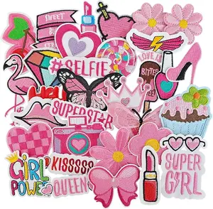 Patches - ️ 32PCS Girl Themes Iron on Patches, Embroidered Appliqué Pink Iron on Patches for Clothes, Hats, Jeans, Skirts, Backpacks, Etc