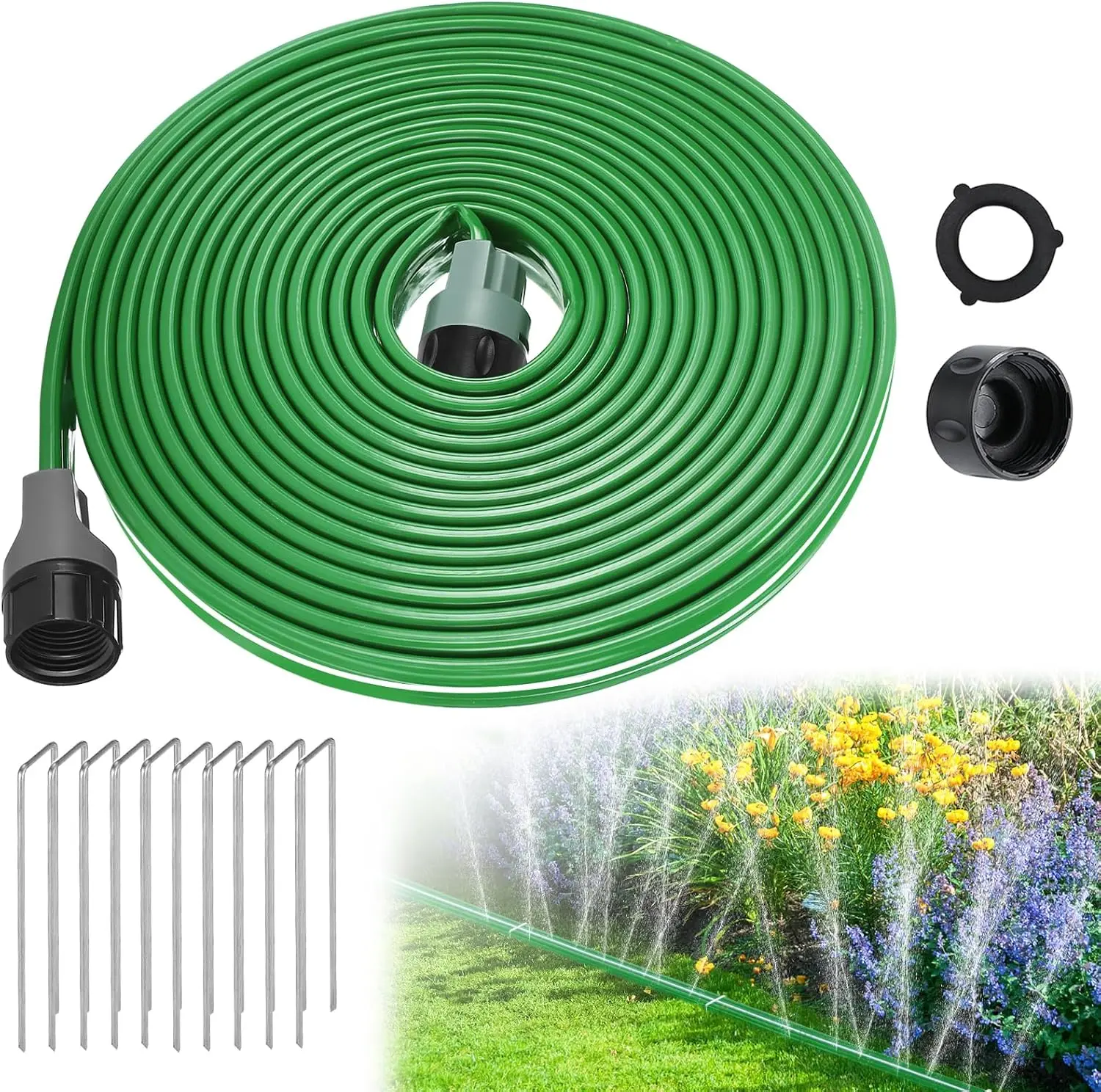 25ft Sprinkler Soaker Hose - Kink-free, Save Water, Flexible - Heavy Duty Three Tube Flat Watering Hose for Garden Yard Lawn Irrigation, With 10 Stakes