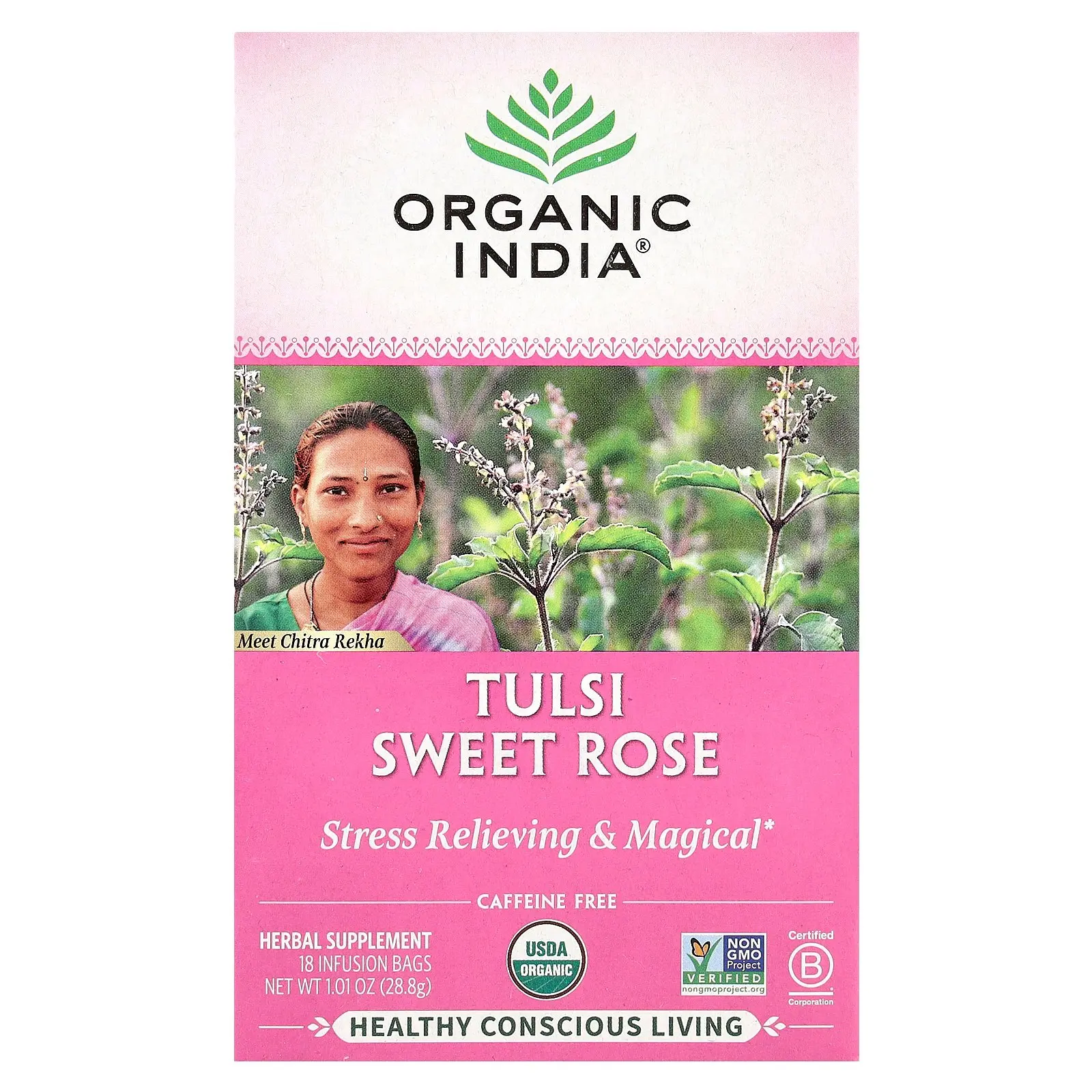 Organic India Tulsi Sweet Rose Tea, Caffeine Free, 18 Infusion Bags, 1.01 oz (28.8 g)