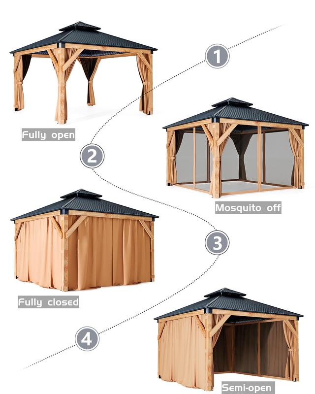GARVEE Hardtop Wood Gazebo 10'x10' for All Weather, with Double Metal Roof, Heavy Duty Wooden Frame, Net, and Curtain, Permanent Building for Patio, Deck, Backyard, Lawn, and Garden, Khaki