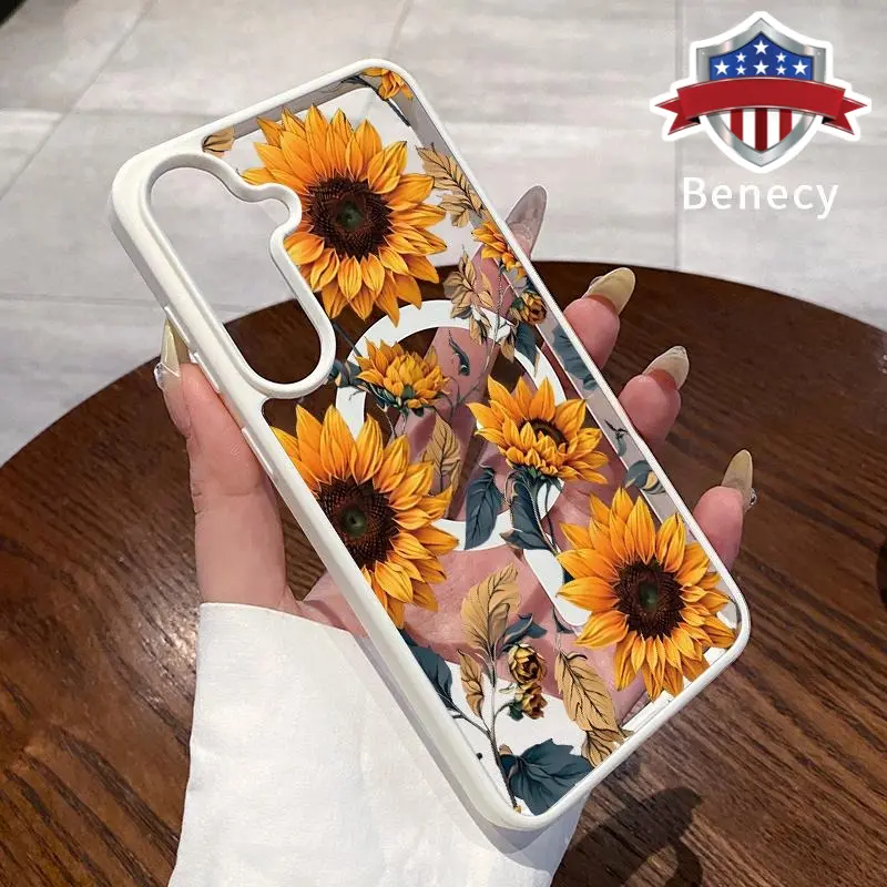 Magnetic Phone Case Compatible Compatible with Galaxy S23 Ultra S24 Plus FE S25 S22+ Vintage Sunflower Pattern Clear Acrylic Back Drop Protection Pocket-Friendly Cellphone Cover Gift