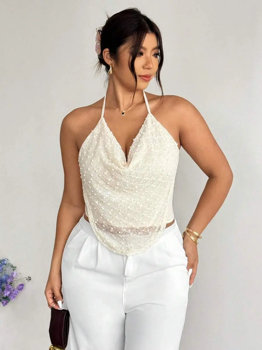 Plus Size Elegant White Summer Camisole For Women,Pearl Beaded Mesh Backless Draped Neck Tank Top,Bachelorette Party Night Out Club Concert Vacation