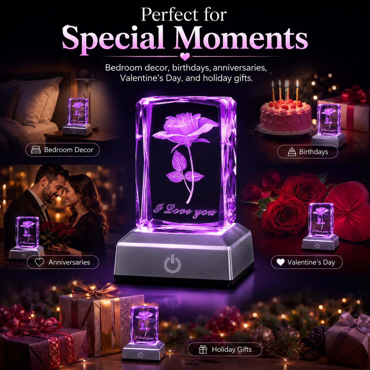 3D Laser Engraved Crystal Rose Custom Night Light with Touch LED Silver Base, Elegant Indoor Decorative Light, Bedroom Desk Decoration, Birthday/Valentine’s Day Gift for Home Improvement Lighting Accessories, Elegant Lighting, Led Ambient Lighting