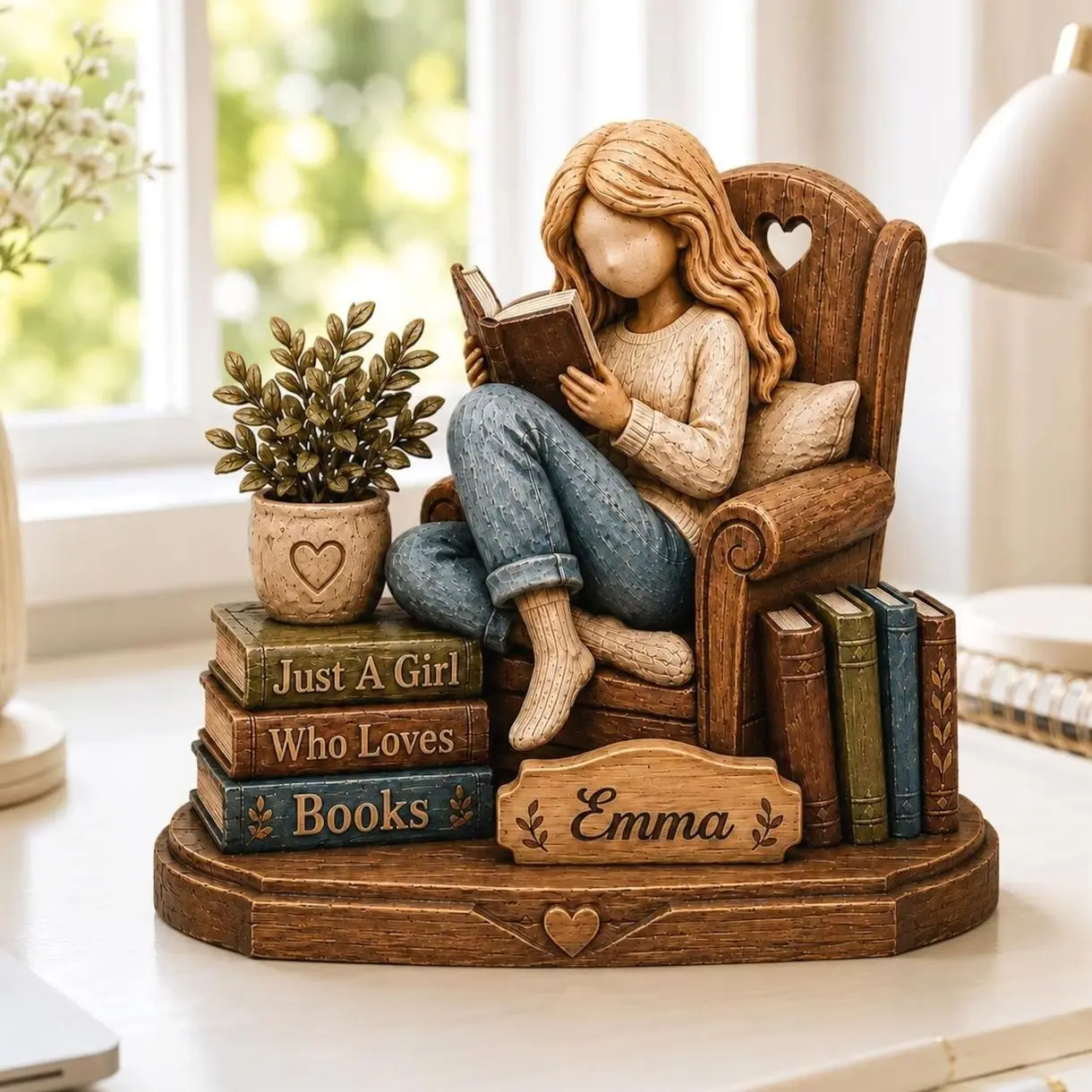 Personalized Book Lover Wooden Figurine, Custom Name Reading Girl Desk Decor, Bookshelf Decor, Gift for Reader Women