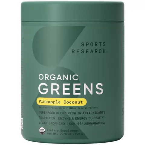 Sports Research® Organic Greens Superfood Powder w/ Spirulina & Chlorella, Adaptogens, Enzymes, Probiotics & 8 Vit Bs for Gut & Mood Support* -Vegan, Sugar-Free & Low-Cal Pineapple Coconut 20 Servings