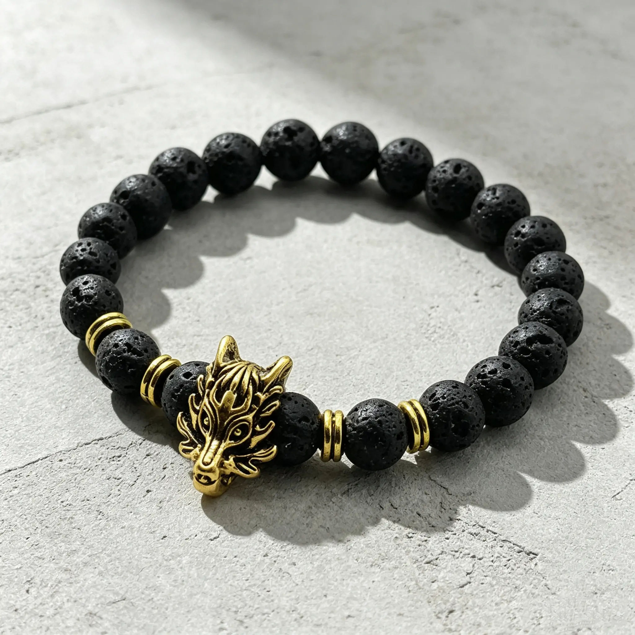 Men’s Lava Rock Beaded Bracelet Vintage Gold Dragon Head Charm Elastic Bracelet for Men Gift