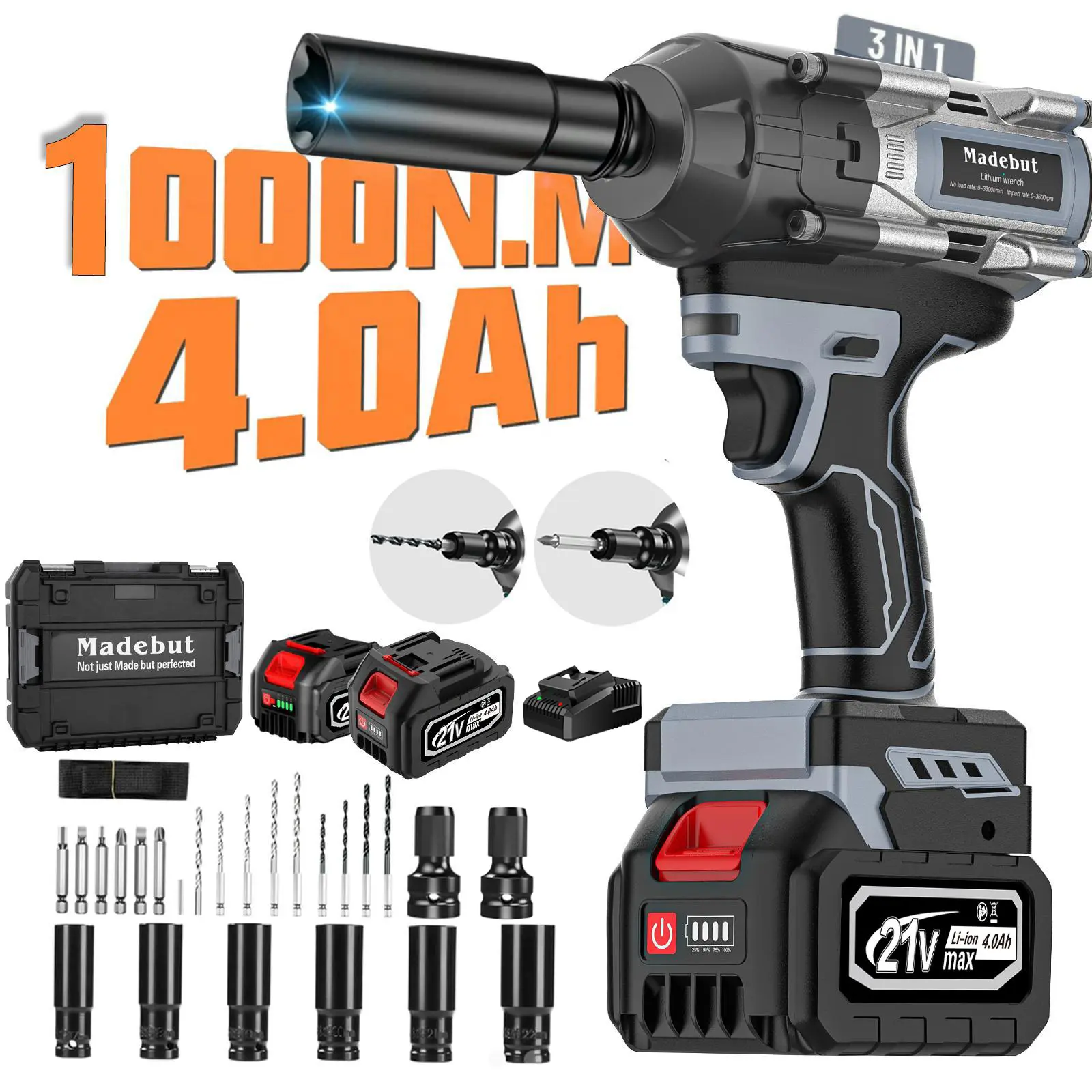 Madebut 1000N.m Cordless Impact Wrench Tool Kit, All-Metal Brushless Cordless Power Drill with 2*4.0Ah Batteries (2 Batteries Running), 3-IN-1 Mechanic Tools with 5 Sleeves & Drill Attachment, Accessory Kit