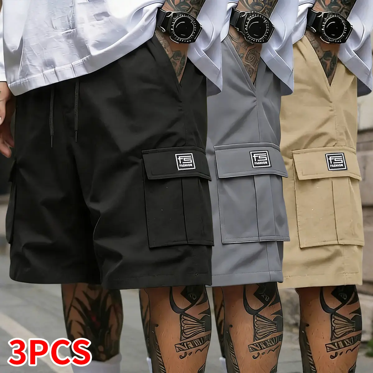 3-piece set: summer shorts, summer clothing, men’s pants with multifunctional pockets, solid color, drawstring elastic waistband, suitable for outdoor sports, fitness, running, and casual wear; men’s casual cargo pants.