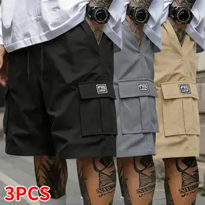 3-piece set: summer shorts, summer clothing, men’s pants with multifunctional pockets, solid color, drawstring elastic waistband, suitable for outdoor sports, fitness, running, and casual wear; men’s casual cargo pants.