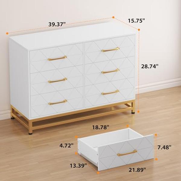 White Dresser for Bedroom with 6 Drawers, Wood Chest of Drawers, TV Stand, Morden Dresser for Closet, Living Room, Hallway, Nursery