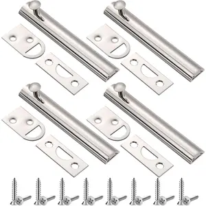 4 Pcs 4" Solid Brass Surface Bolts Slide Latch Door Lock Bolt With Screws Anti-theft Security Lock for Top of French Door Gates (Silver)